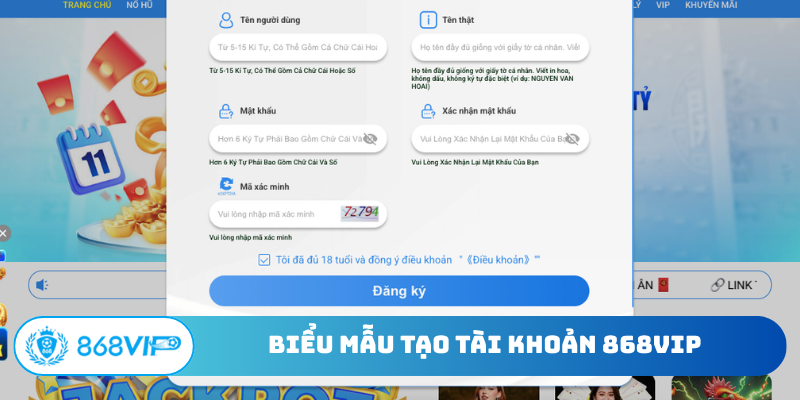 Biểu mẫu tạo tài khoản 868VIP